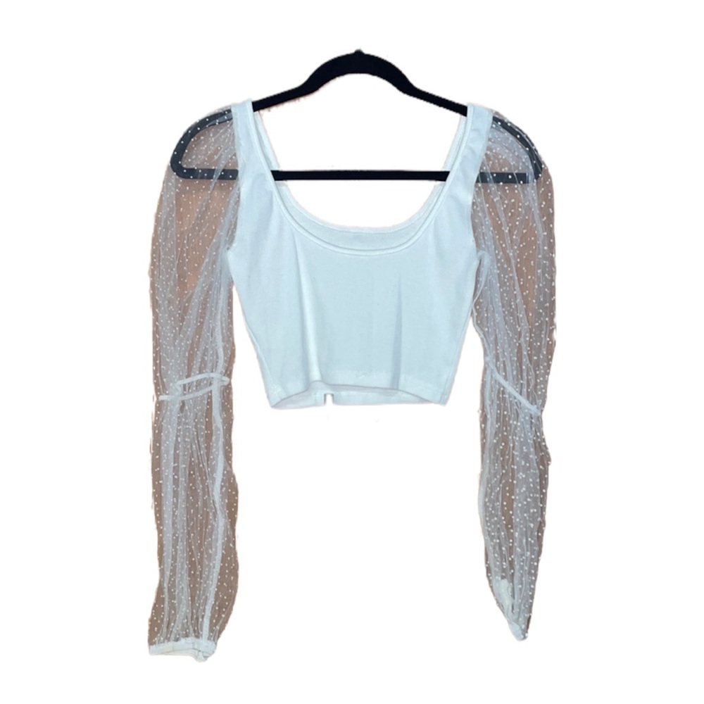 White Scoop Crop Top With Polka Dot Sheer Sleeves - Size S